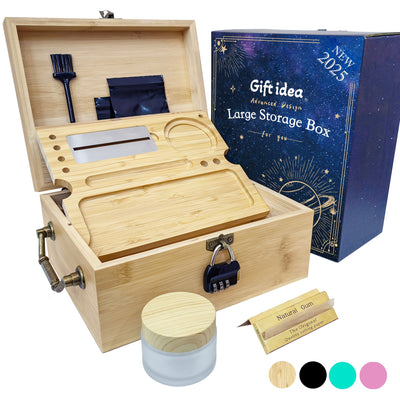 1set, Large Stash Box, Wooden Storage Box with Tray, Bamboo Storage Box with Lock And Accessories, Smoking Paper Anti-odor Canister Private Box with Brush, Household Gadget, Christmas Gifts, Christmas Supplies, Christmas Part