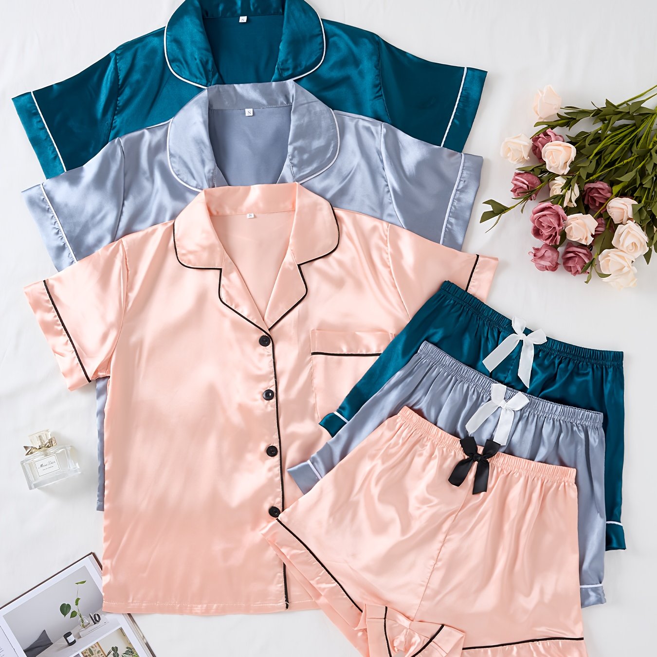 Three Sets of Satin Outfits. Short-Sleeved Collared Tops And Elastic Waistband Shorts, Suitable for Women'S Sleepwear And Loungewear, Women Short And Top Set, Short And Top Set Women, Women Short Set, Loungewear Women Set, Sh Good Vibrations