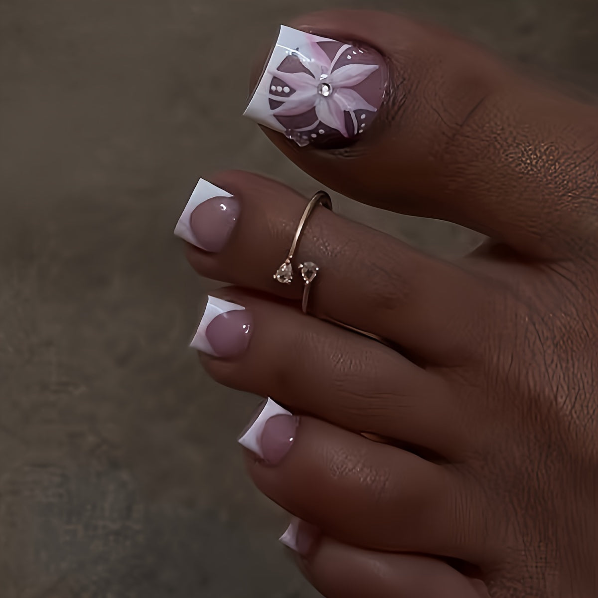 24pc Fair-Toned Short Square Glossy Press-On Toe Nails - Elegant French Tip Design with Floral Accents and Rhinestone, Removable, Adhesive Jelly Tabs & Nail File Included for Easy Application - Fashionable Wearable Nail Tips Good Vibrations