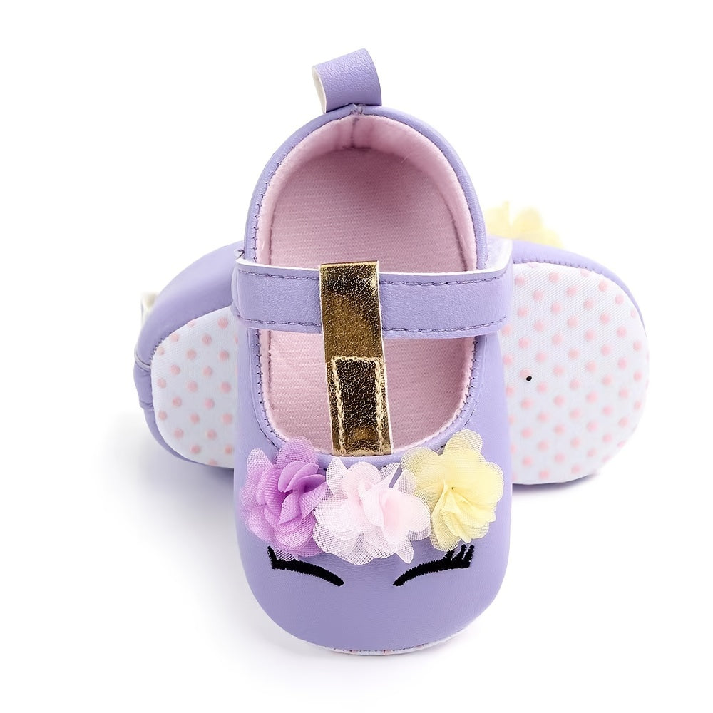 Adorable Baby Girls Cartoon Unicorn Crib Shoes - Flexible Fabric Sole, Hook-and-Loop Fastener, Mesh Flower Embellishment, Breathable for Spring and Autumn Walking Good Vibrations