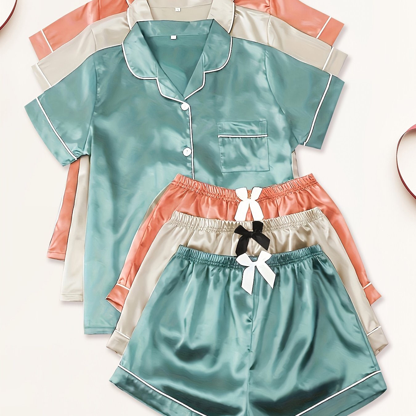 Three Sets of Satin Outfits. Short-Sleeved Collared Tops And Elastic Waistband Shorts, Suitable for Women'S Sleepwear And Loungewear, Women Short And Top Set, Short And Top Set Women, Women Short Set, Loungewear Women Set, Sh Good Vibrations