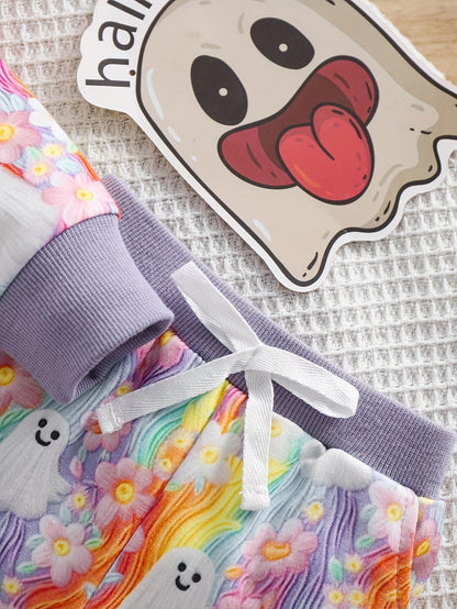 2pcs Baby's Halloween Style Ghost Pattern Rainbow Color Sweatshirt + Casual Pants, Toddler & Infant Girl's Clothing Set Good Vibrations