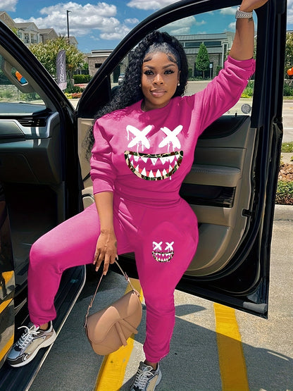 two-piece Women's Cartoon Print Sweatshirt and Pocket Pants Outfit - Comfortable and Stylish Clothing Set Good Vibrations