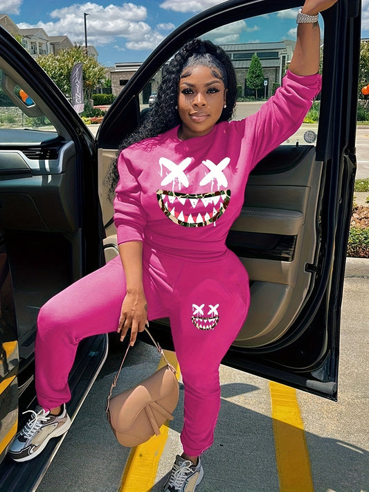 two-piece Women's Cartoon Print Sweatshirt and Pocket Pants Outfit - Comfortable and Stylish Clothing Set Good Vibrations
