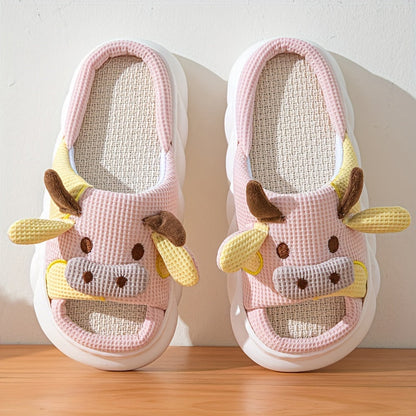 Women's Cartoon Cute Cow House Slippers, Platform Soft Sole Anti-slip Warm Plush Home Slides, Women's Indoor Cozy Shoes Good Vibrations