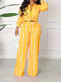 [Two-piece Set Long Sleeve Shirt] Striped Print Two-piece Set, Button Front Collar Long Sleeve Shirt & High Waist Wide Leg Loose Pants Set, Women's Clothing Good Vibrations