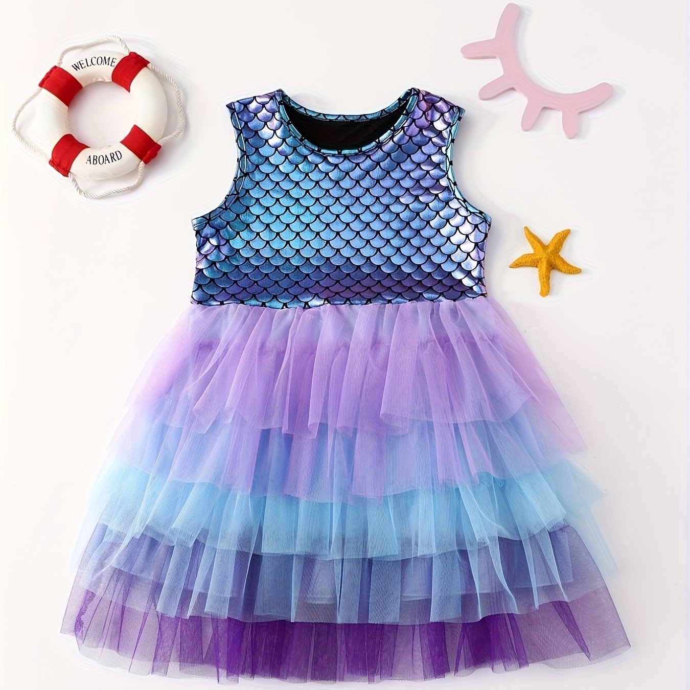 Mermaid Gradient Dress Girls' Casual Summer Short Sleeve Party Puff Skirt Versatile Dress Good Vibrations