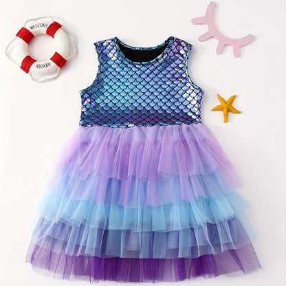 Mermaid Gradient Dress Girls' Casual Summer Short Sleeve Party Puff Skirt Versatile Dress Good Vibrations