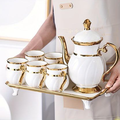 14-Pieces Luxurious Porcelain Teapot Set - Includes Ceramic Coffee Cups, Teacups, Golden Spoon, Tea Party Tray Holder, and Gift Sets for Elegant Entertaining Good Vibrations