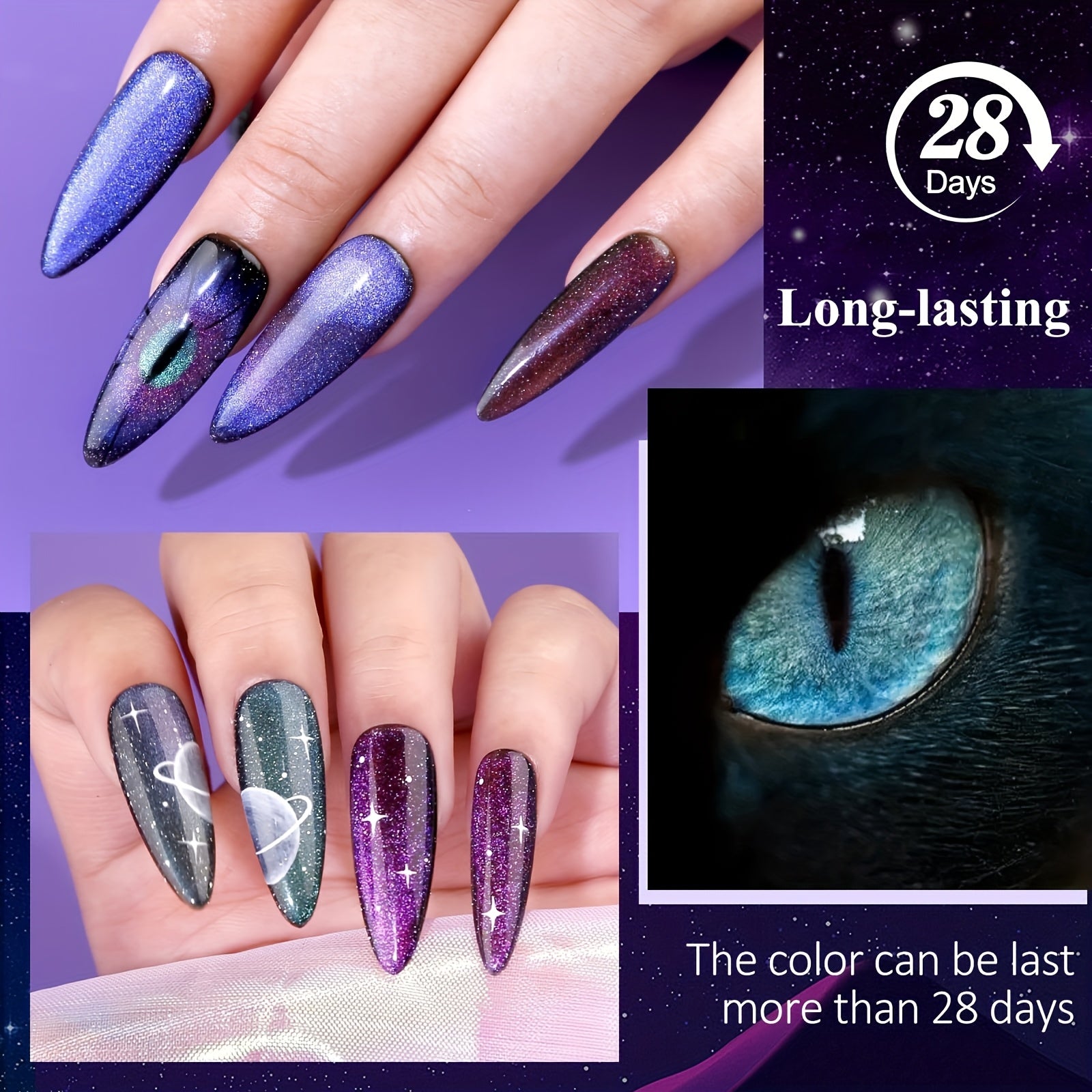 Arousar Cat Eye Gel Polish Set, 16pcs Chameleon Gel Nail Polish Black Purple Glitter Silver Changing Magic Galaxy Effect Kit With Base Top Coat, LED Nail Lamp, Cuticle Oil And Manicure Tools Good Vibrations