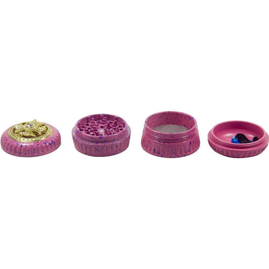 4-Layer Aluminum Herb Grinder with Built-in Fidget Spinner Top, Unique Star-Shaped Spinner Design with Embedded Rhinestones, Textured Body with Colorful Speckled Pattern for Enhanced Grip, Durable Construction and Smooth Grin Good Vibrations Adult Super Store