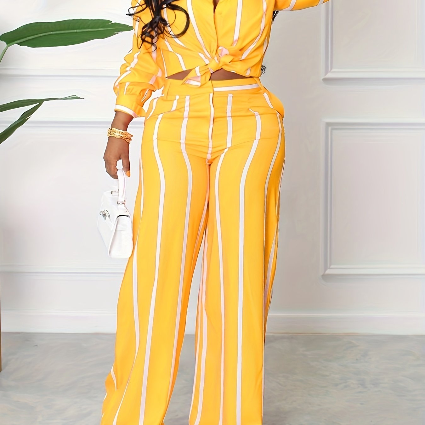 [Two-piece Set Long Sleeve Shirt] Striped Print Two-piece Set, Button Front Collar Long Sleeve Shirt & High Waist Wide Leg Loose Pants Set, Women's Clothing Good Vibrations
