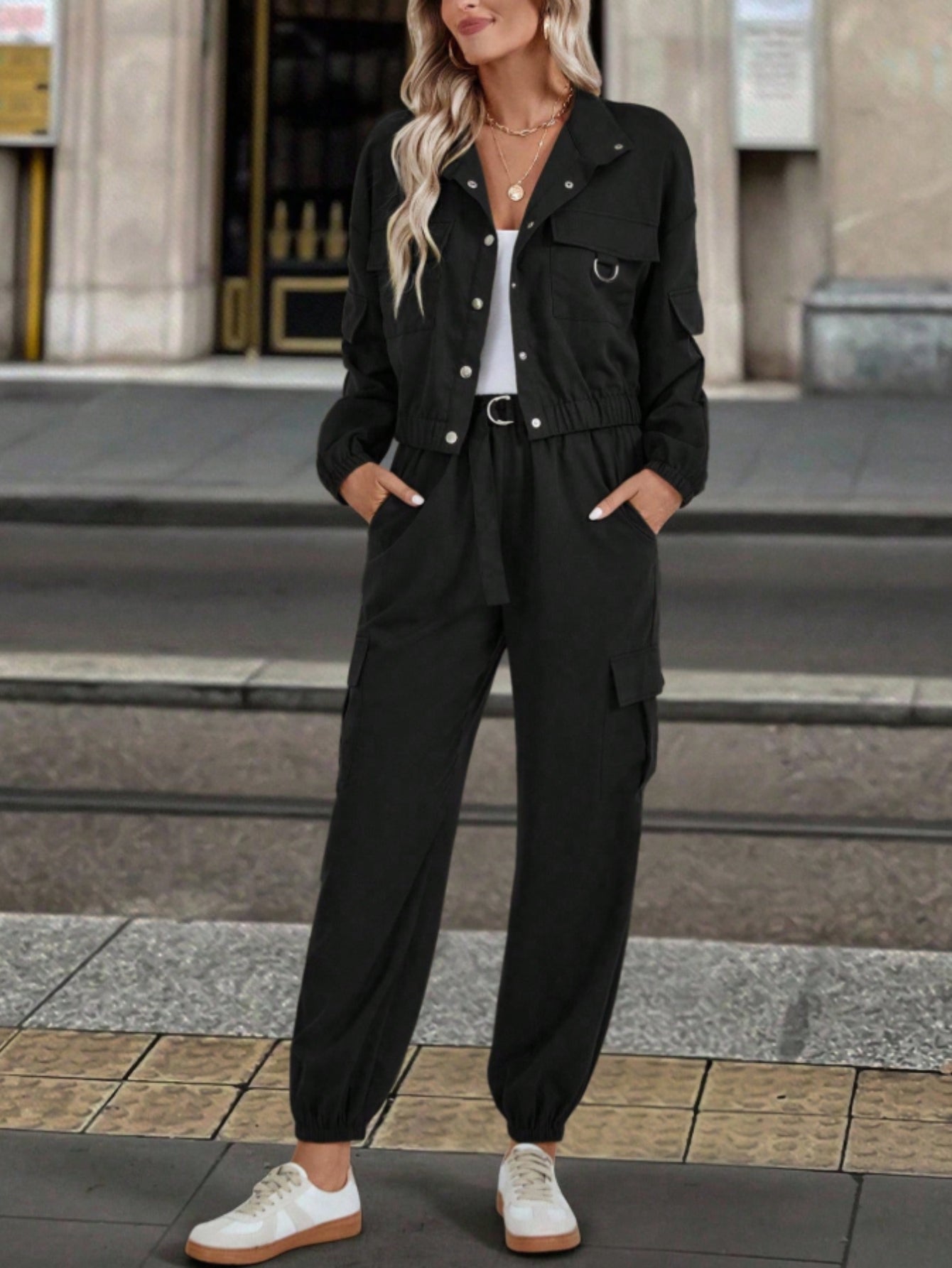 A Stylish Black Cargo Suit, a Jacket Combined with Legged Cargo Pants to Create a Cool And Handsome Casual Style, Trouser Suits for Women, Trouser Suits for Women Elegant, Workwear Outfit, Versatile Clothing, Modern Casual, S Good Vibrations