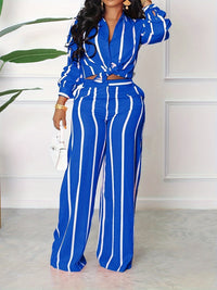 [Two-piece Set Long Sleeve Shirt] Striped Print Two-piece Set, Button Front Collar Long Sleeve Shirt & High Waist Wide Leg Loose Pants Set, Women's Clothing Good Vibrations