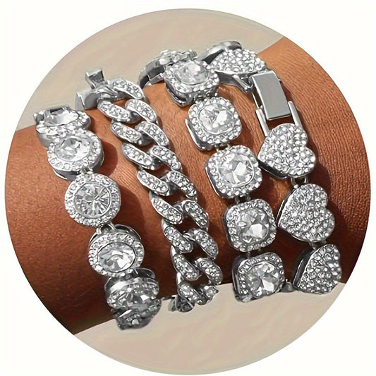 4 Piece Set Bracelet Women Cluster Tennis Bracelet Women Heart Round Cuban Bracelet Layered Link Bracelet Set Fashion Jewelry Women Set Good Vibrations