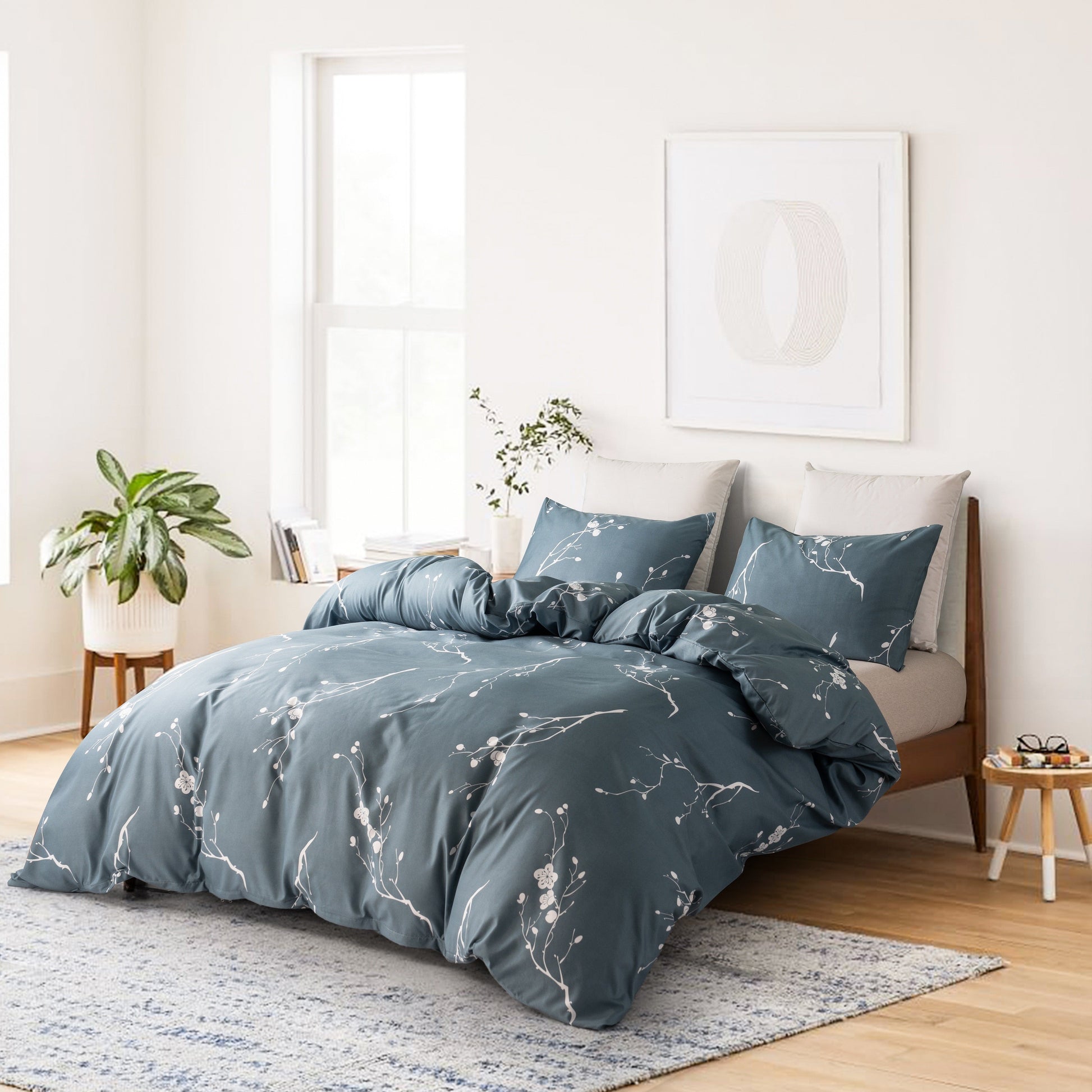 Plum Blossom Duvet Cover Twin Blue Comforter Set Soft Hotel 2/3PCS Microfiber Lightweight Soft White Floral Blue Set with Zipper Closure Good Vibrations