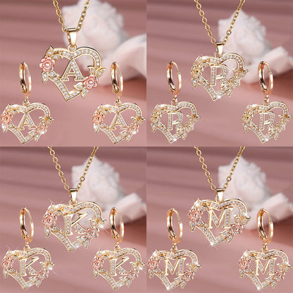 3pcs Women's Jewelry Set - Heart-Shaped Interlocking Link Necklace & Earrings with 26-Letter Monogram, Elegant Golden-Tone -Accented Letters, Dainty Everyday Gift for Mother's Day, Graduation, Birthdays (Pink & Clear Good Vibrations