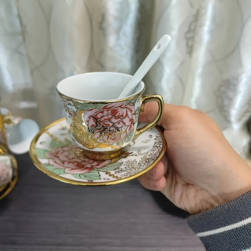 14-Piece European Ceramic Tea Set with Metal Stand, Elegant Floral Design, Holiday Theme for Afternoon Tea & Gift Giving Good Vibrations