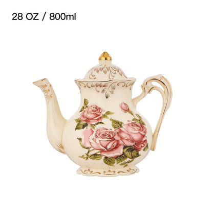 1pc Exquisite Floral Ceramic Coffee Pot - Retro Palace Style Blooming Tea Infuser, European-Inspired Afternoon Tea Set, Round Shaped, Flowers Patterned, Perfect for Home, Office, Hotel, Christmas, Thanksgiving, Valentines Day Good Vibrations