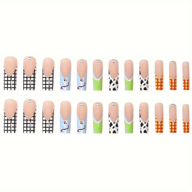 Festive Long Ballet Nail Tips with Cow Print And Checkered Design - Nude Color, Shiny Finish Good Vibrations