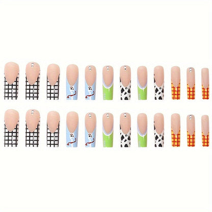 Festive Long Ballet Nail Tips with Cow Print And Checkered Design - Nude Color, Shiny Finish Good Vibrations