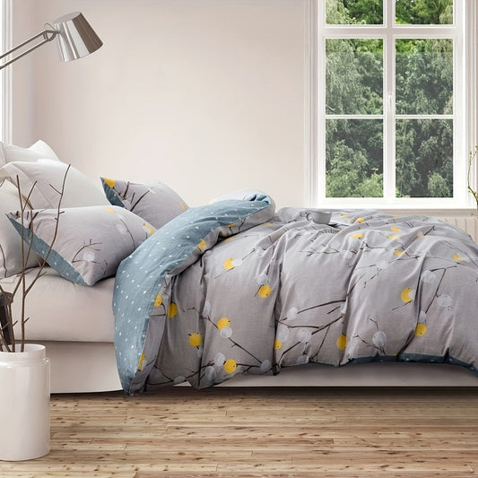 600 Thread Count SLEEPBELLA Luxury Duvet Cover - Soft Grey Branch Pattern with Yellow Turquoise Polka Dots, Reversible Comforter Cover with Green Reverse Side, Breathable, Hypoallergenic, and Machine Washable Good Vibrations