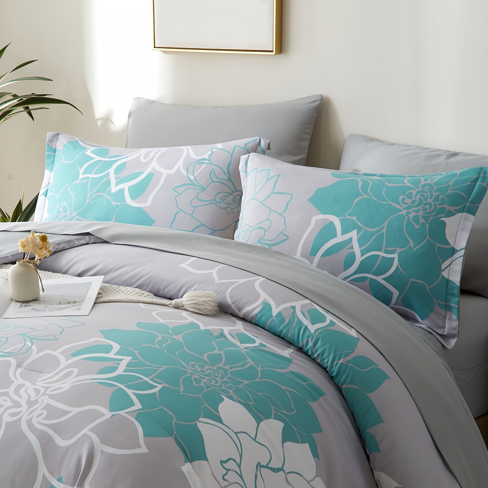 7Pcs Lightweight Boho Comforter Set - Stain-Resistant, Soft 100% Microfiber Cover, 100% Polyester Fiber Filling, Woven For Durability - Full/Queen/King Size Bed In A Bag For All Seasons, Floral Pattern Printed Bedding Good Vibrations