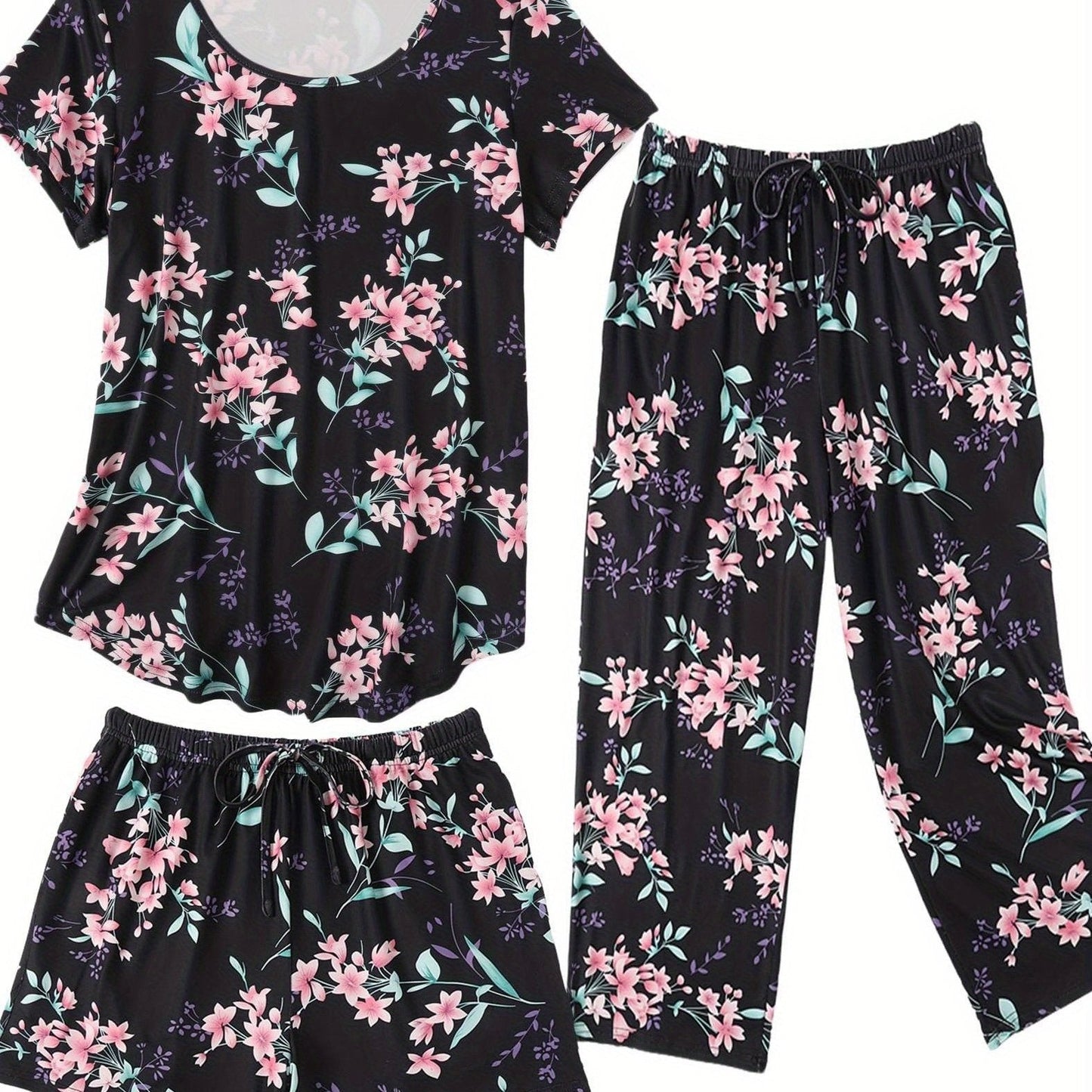 Fashion 3 PCS Capri Pajamas For Women Set Nightwear Housing Suit Super-Soft Housewear Casual Nightsuit Sleeping Suit Short Sleeve Pajama Sets Sleepsuit Floral Pj Sets Soft Sleepwear With Pockets Plus Size S-XXL Good Vibrations