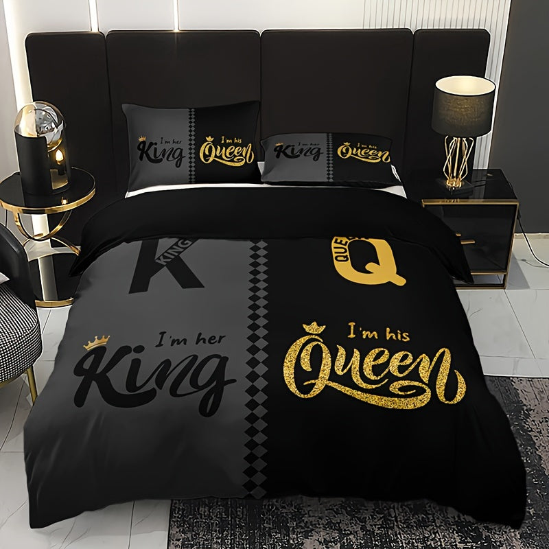3pcs Black & Grey Crown Lettering Duvet Cover Set (1 Duvet Cover + 2 Pillowcases) - High Definition Printing For Home & Dorm Decor, Comforter Not Included Good Vibrations