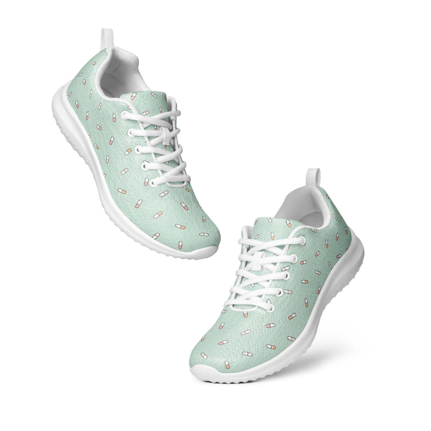 Men’s athletic shoes in light green with white soles and laces, featuring a capsule pattern and breathable flyknit fabric design