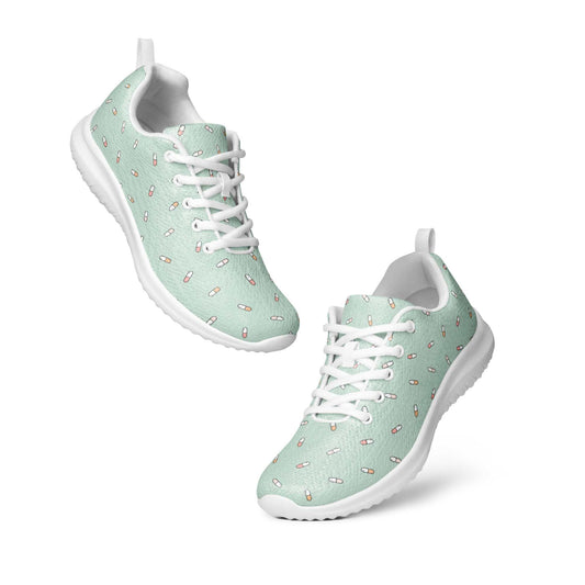 Men’s athletic shoes in light green with white soles and laces, featuring a capsule pattern and breathable flyknit fabric design
