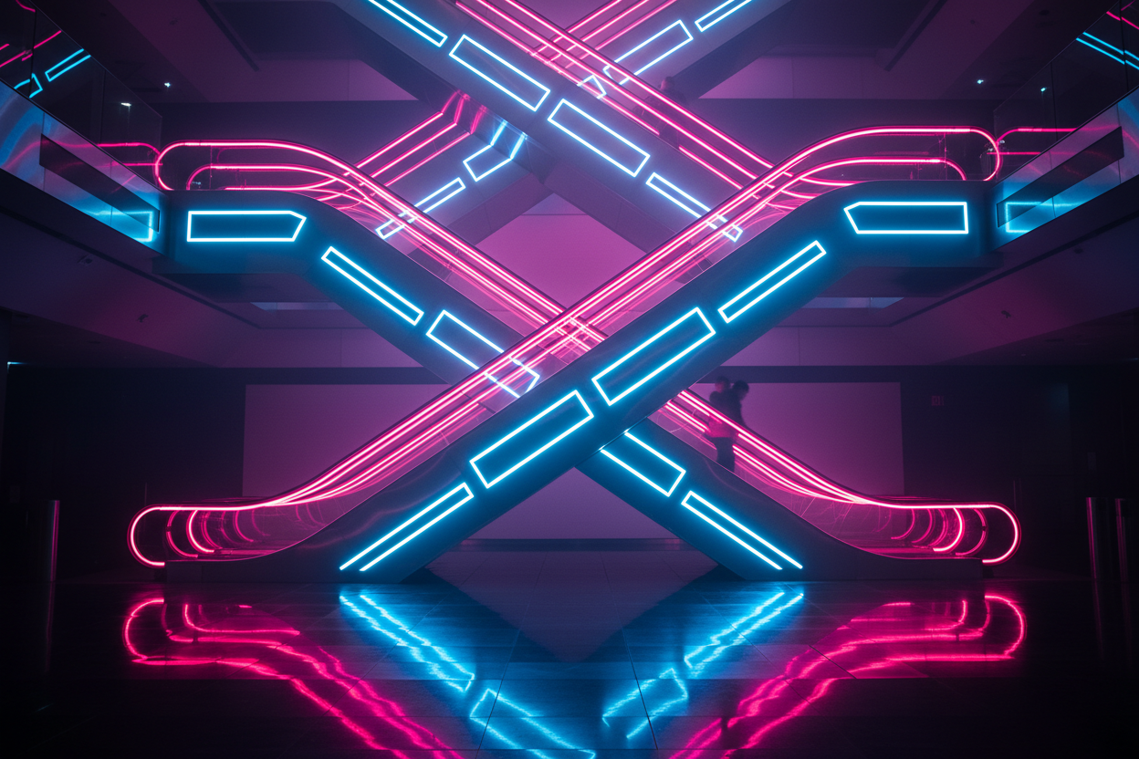 neon pink and blue escalators