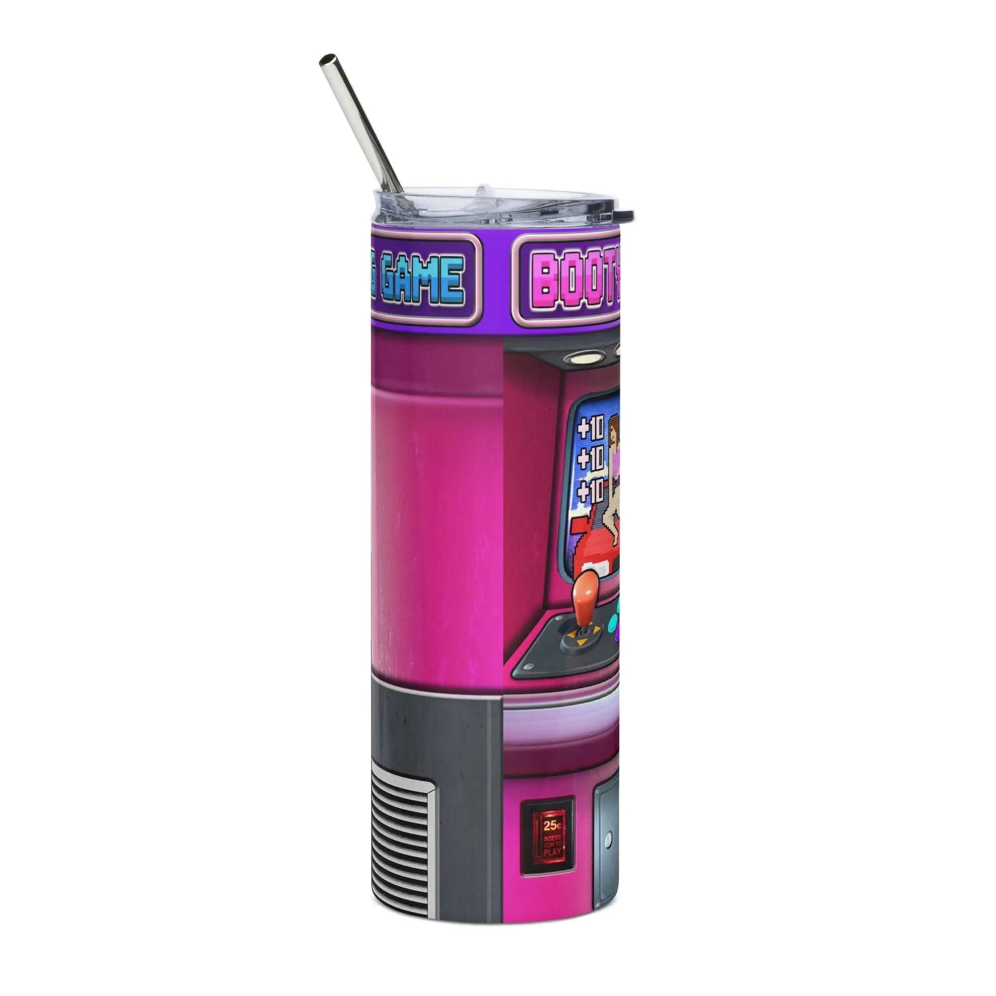 Booty Arcade Stainless Steel Tumbler with metal straw and arcade design.