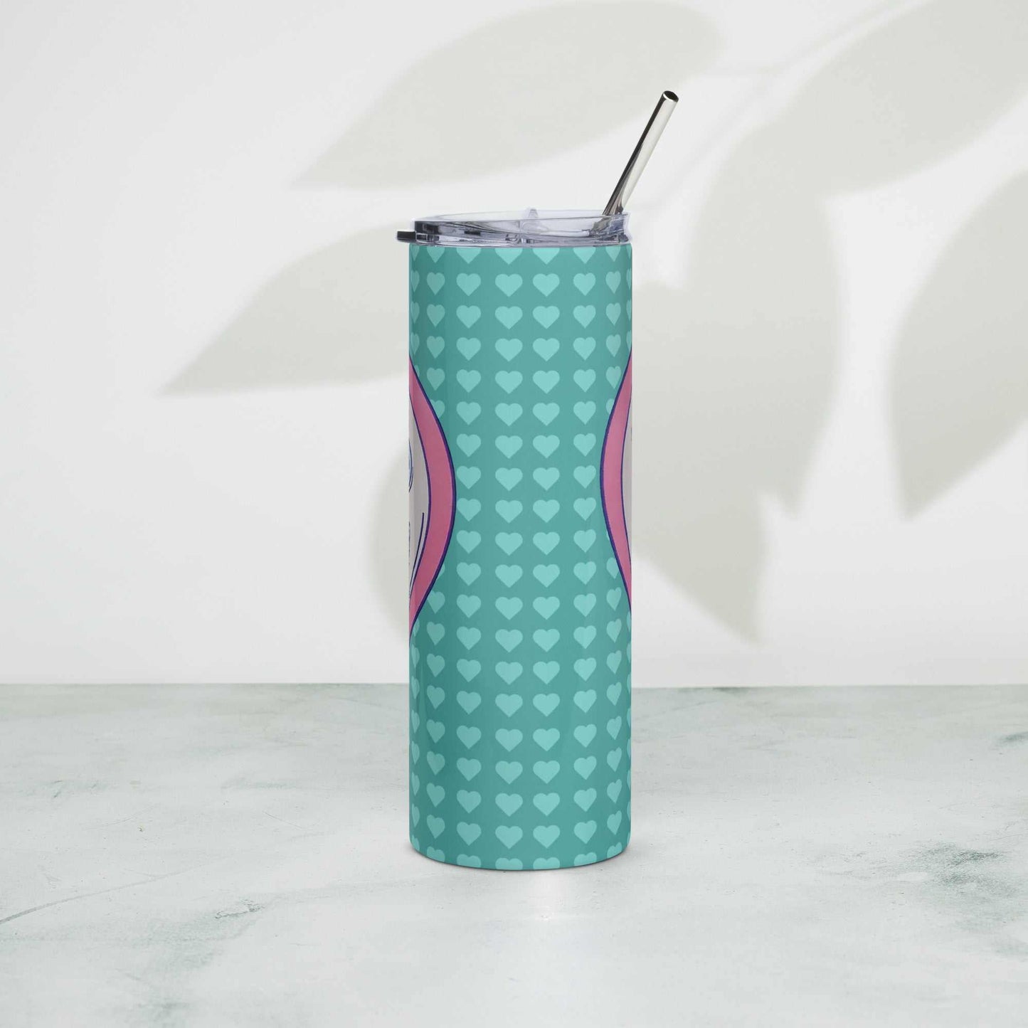 Polly Pocket stainless steel tumbler with metal straw and heart design, 20 oz capacity.