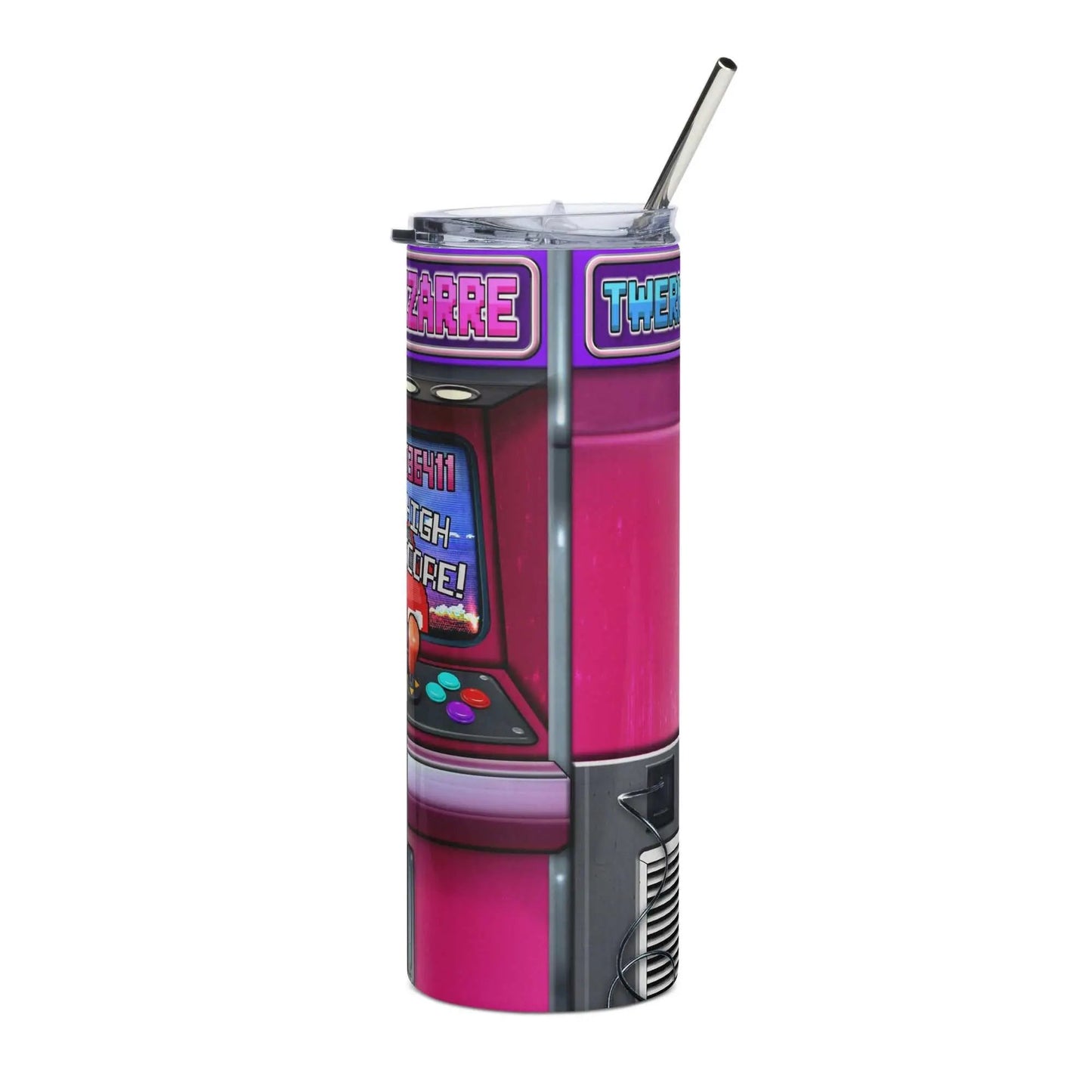 Booty Arcade Stainless Steel Tumbler with straw, vibrant arcade design, 20 oz.