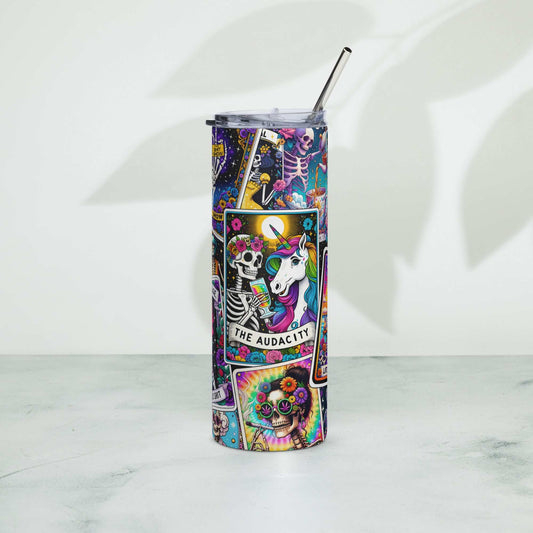 Colorful Tarot stainless steel tumbler with metal straw and lid, featuring vibrant tarot card design.