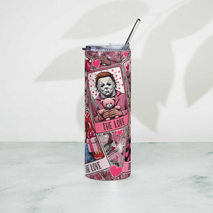 Stainless steel tumbler with artistic design, lid, and metal straw.