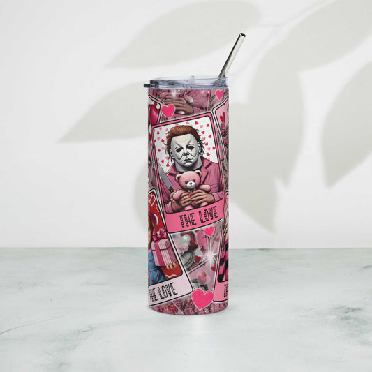 Stainless steel tumbler with artistic design, lid, and metal straw.