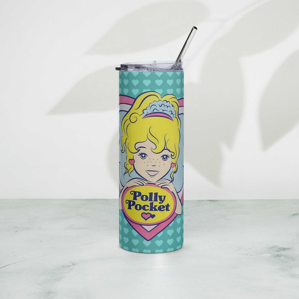 Polly Pocket stainless steel tumbler with metal straw, 20 oz capacity, featuring colorful design.