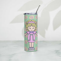 Polly Pocket tumbler with stainless steel straw and lid on a light background.