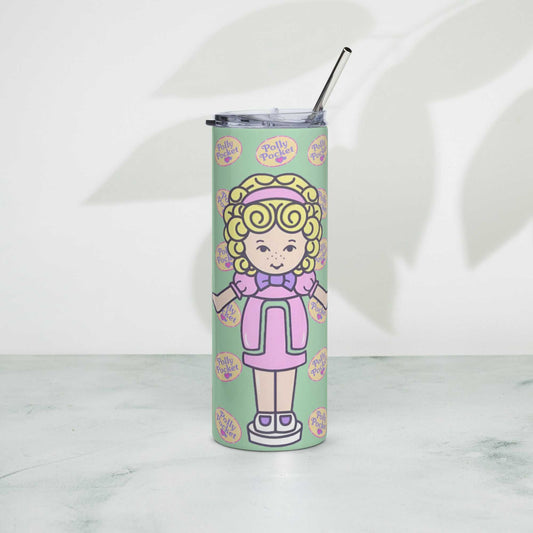 Polly Pocket tumbler with stainless steel straw and lid on a light background.