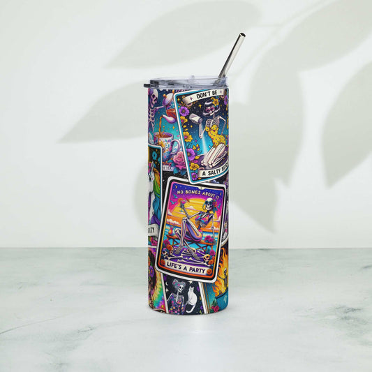 Colorful Tarot tumbler with metal straw, stainless steel, 20 oz capacity.