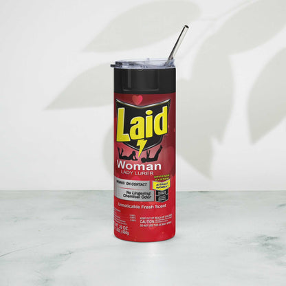 LAID Spray Can stainless steel tumbler with metal straw on a marble surface.