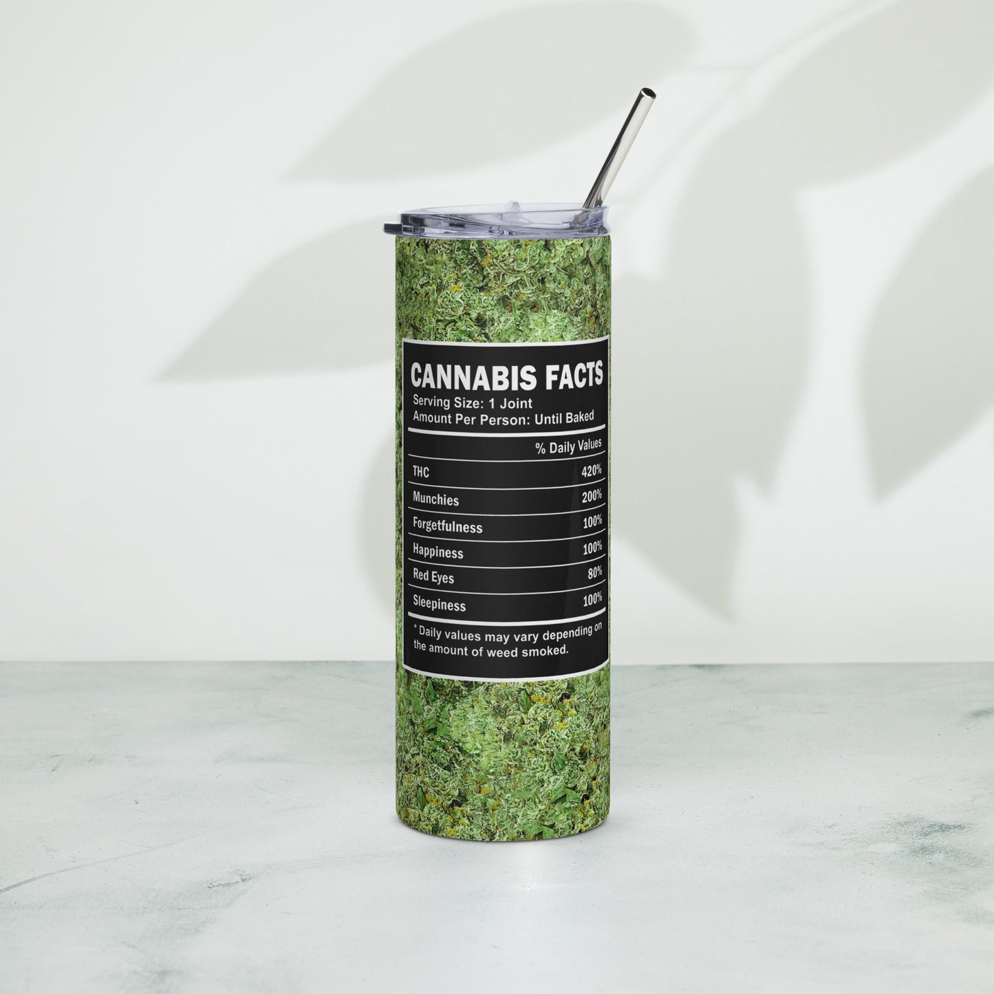 Adult stainless steel tumbler with metal straw and cannabis design.