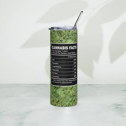 Adult stainless steel tumbler with metal straw and cannabis design.