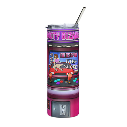 Booty Arcade Stainless Steel Tumbler with metal straw, colorful arcade design.