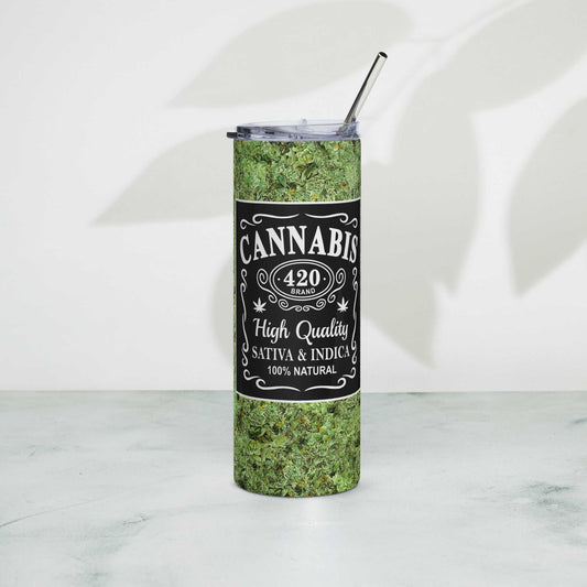 Adult stainless steel tumbler with metal straw and cannabis design.