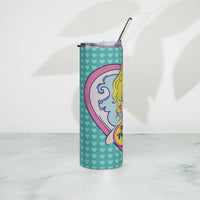 Polly Pocket stainless steel tumbler with metal straw and heart design.