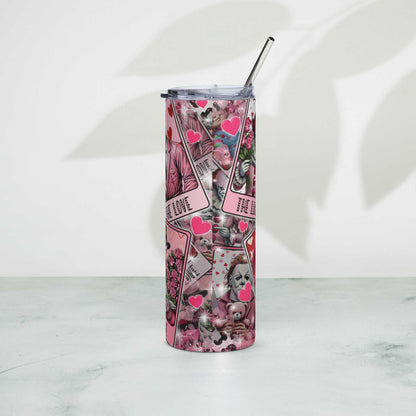 Pink stainless steel tumbler with straw featuring decorative design.
