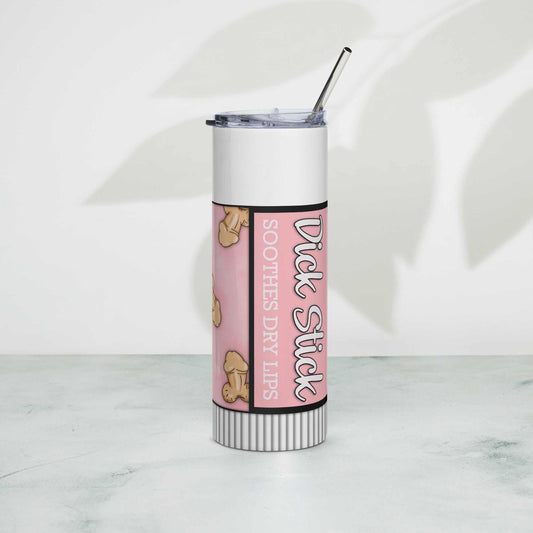 Stainless steel tumbler with metal straw, 20 oz, pink "Dick Stick" design.